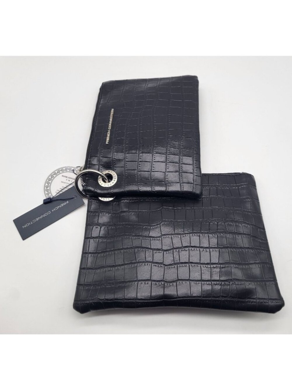 French Connection Dale Double Slim Pouches Croc Print Black Travel Accessory - Picture 2 of 9